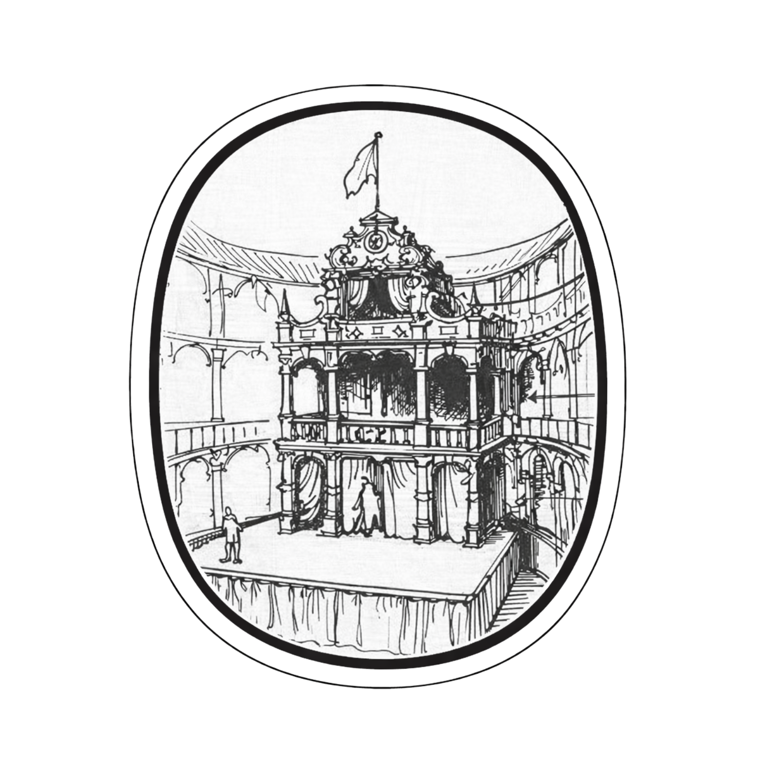 Sketch of a theater interior with a stage, ornate balcony, and a central structure topped with a flag.