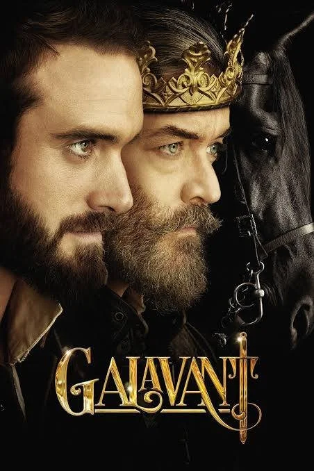 Two men with beards and serious expressions, one wearing a gold crown, are positioned closely next to a black horse. The title 'Galavant' appears at the bottom.
