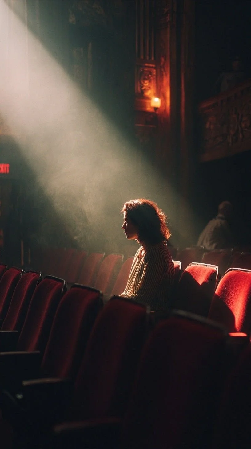 A woman with shoulder-length hair sitting alone in an empty theater, illuminated by a beam of light.