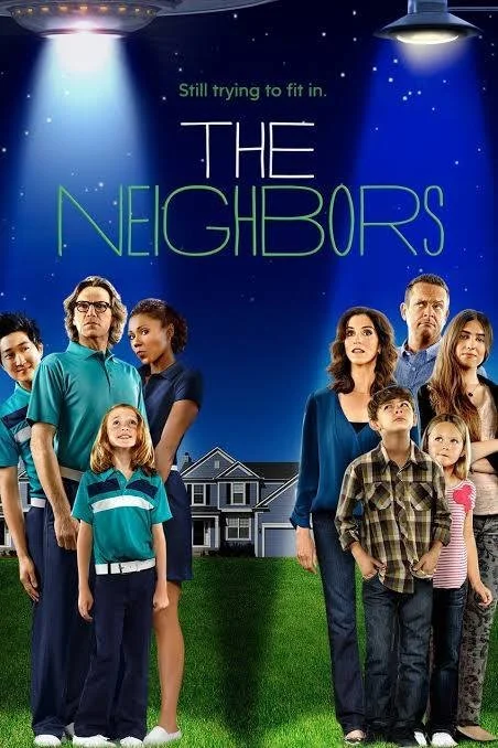 Poster for the movie "The Neighbors" with a tagline "Still trying to fit in." featuring various African American characters of different ages standing in front of a suburban house at night under a starry sky.