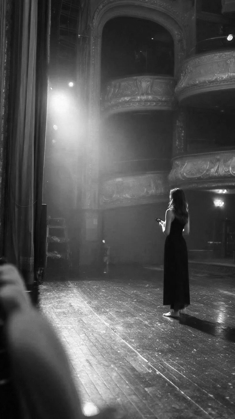 A woman in a black dress standing alone on a dimly lit theater stage, looking at her phone, with empty balconies in the background.