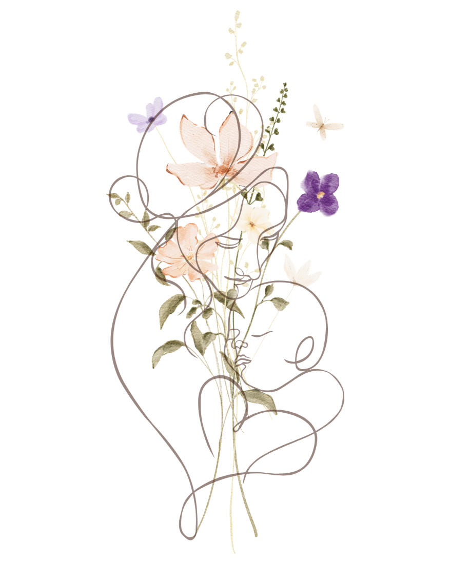 An outline of a mother and her baby over a bouquet of dried and pressed flowers, including leaves, purple, pink, and white blossoms.