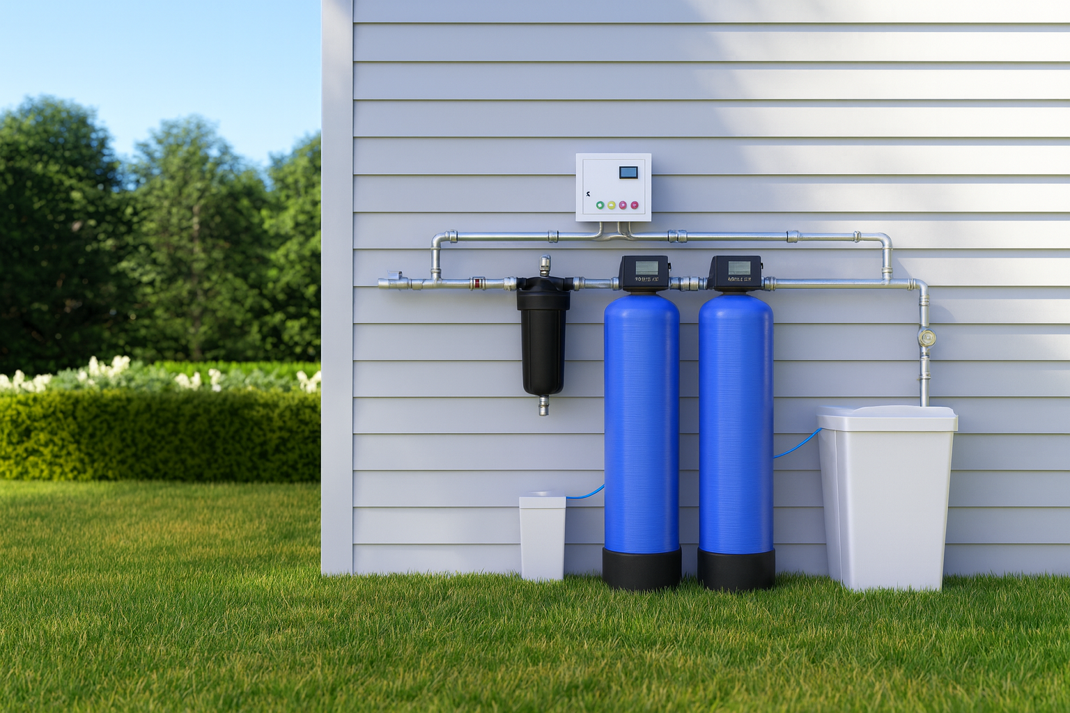 Residential outdoor water filtration system with two blue tanks, a black filter, a white control panel, and a drainage container installed on the exterior wall of a house, with green grass and trees in the background.