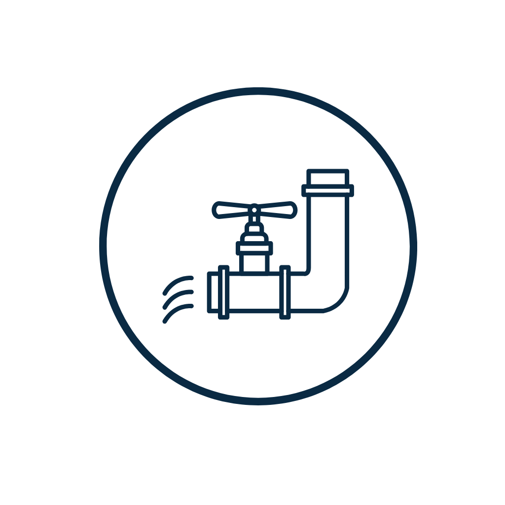 Icon of a leaking water pipe with a valve, emitting sound waves, enclosed in a circle.