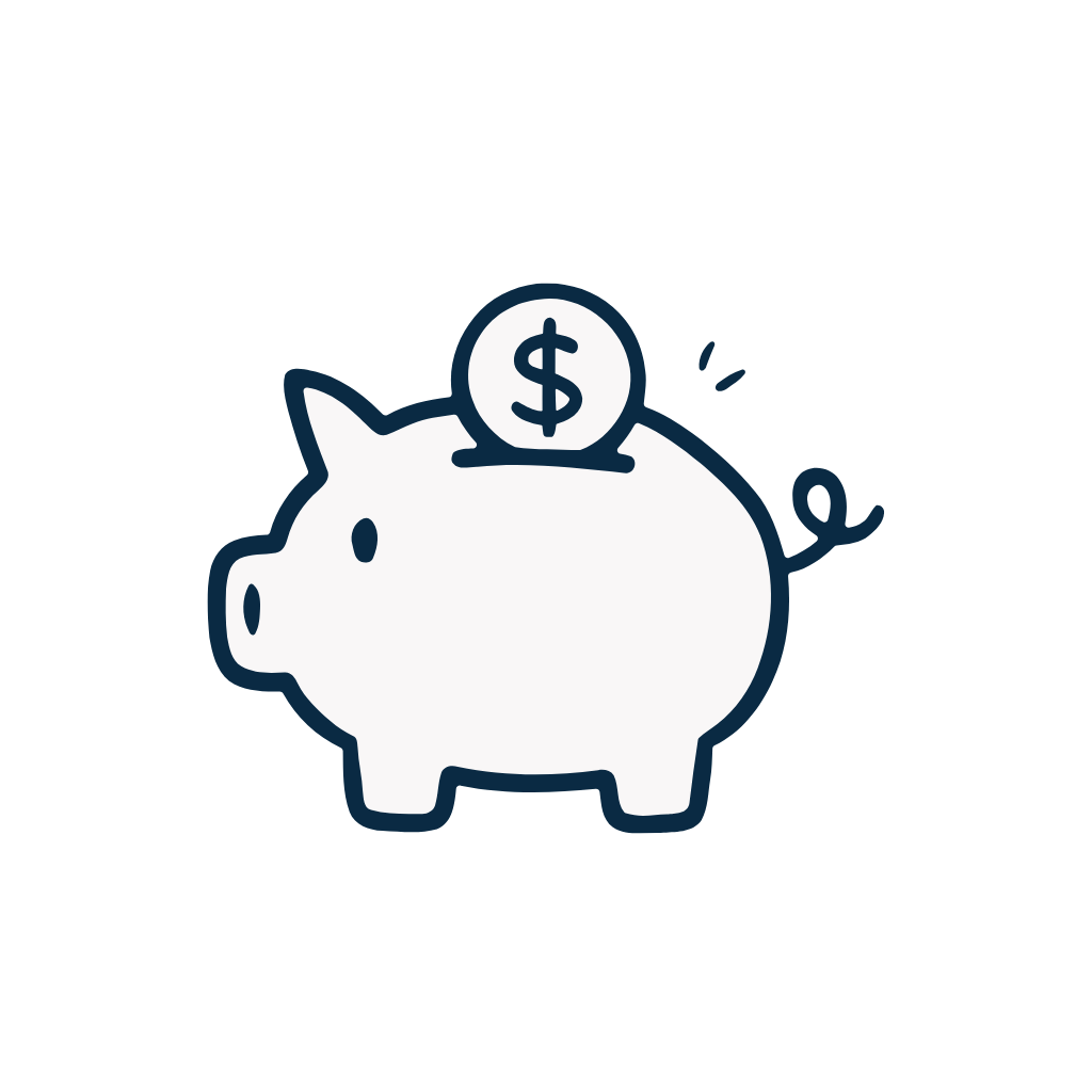 Line drawing of a piggy bank with a coin featuring a dollar sign on top.