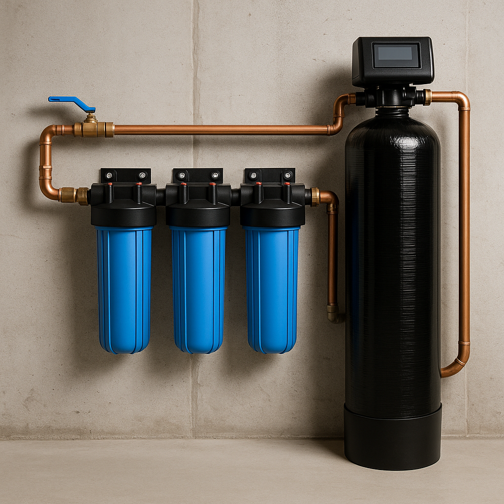 Water filtration system with three blue filter housings, copper pipes, and a black control valve on a beige wall.