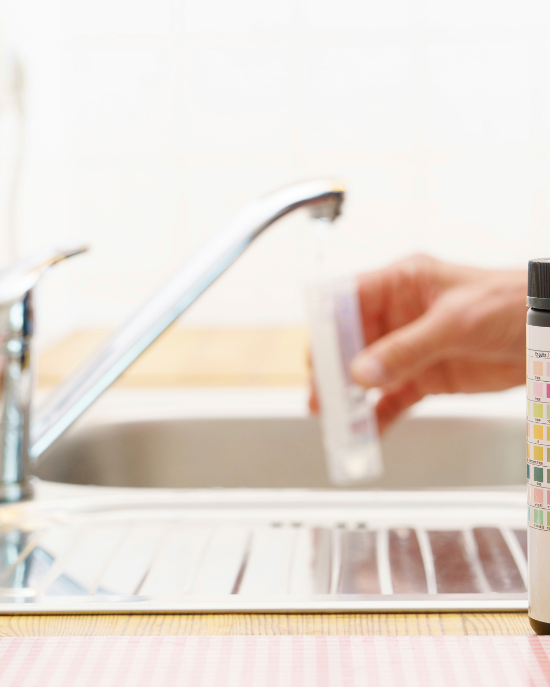 Hand holding a urine test strip over a sink with a paper towel and a bottle of test reagents nearby.