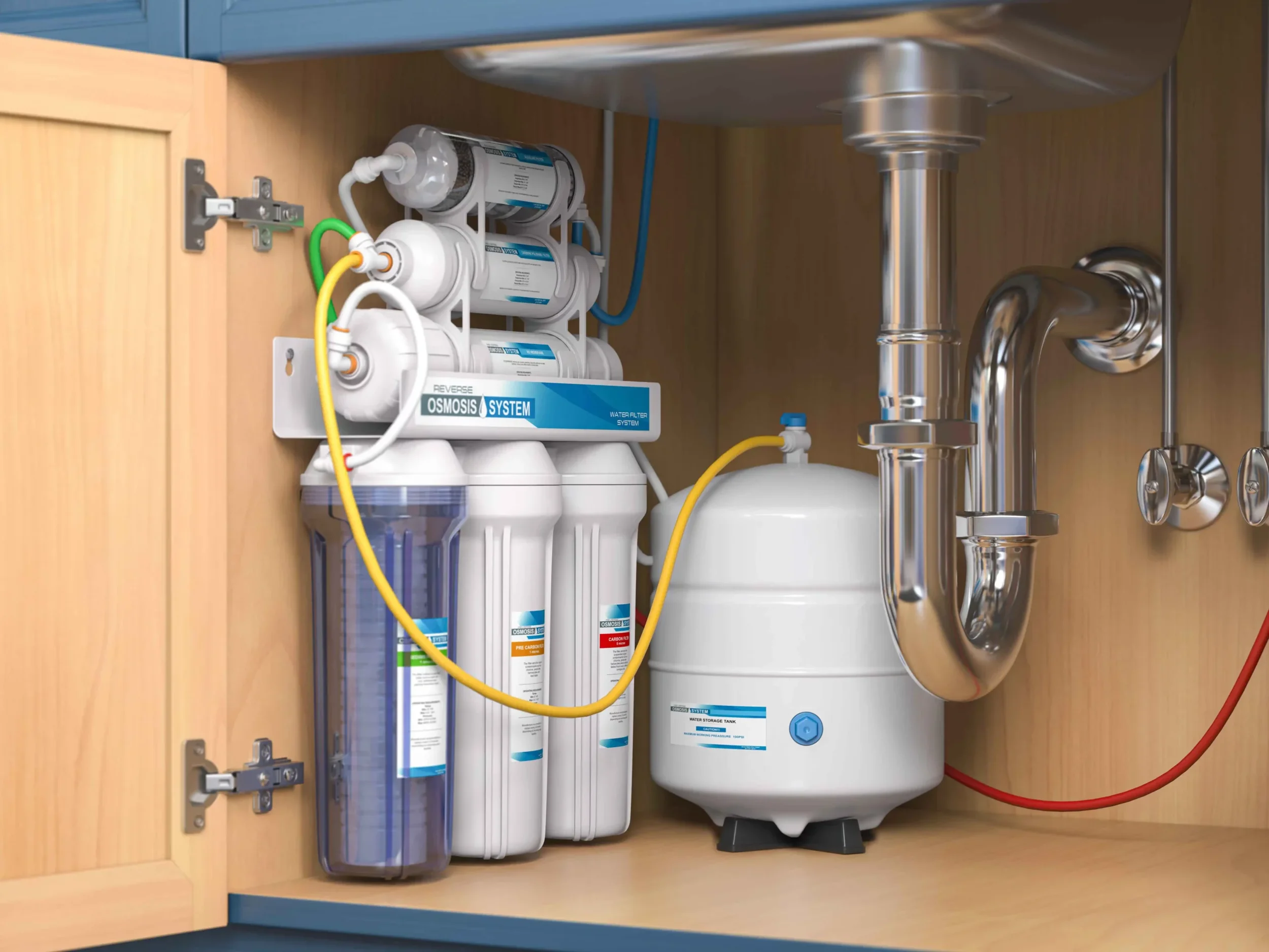 Under-sink water filtration system with multiple filter canisters and a storage tank installed inside a wooden cabinet.