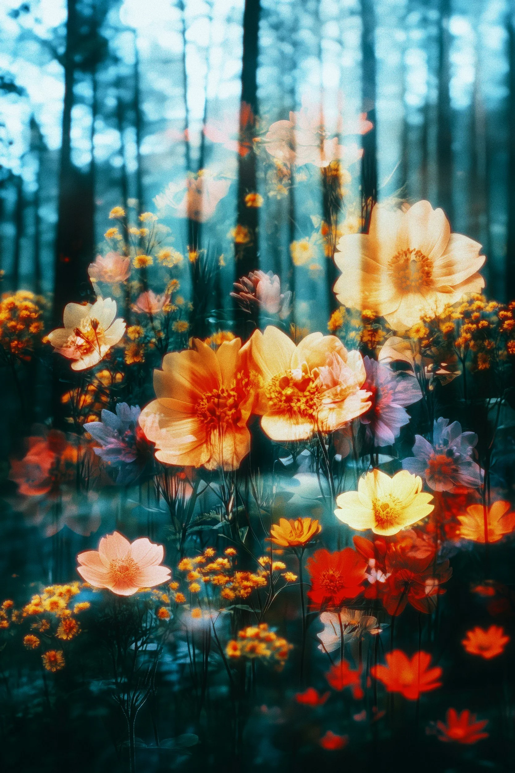 A double exposure photograph featuring vibrant orange and pink flowers superimposed over a forest with tall trees and blue sky.
