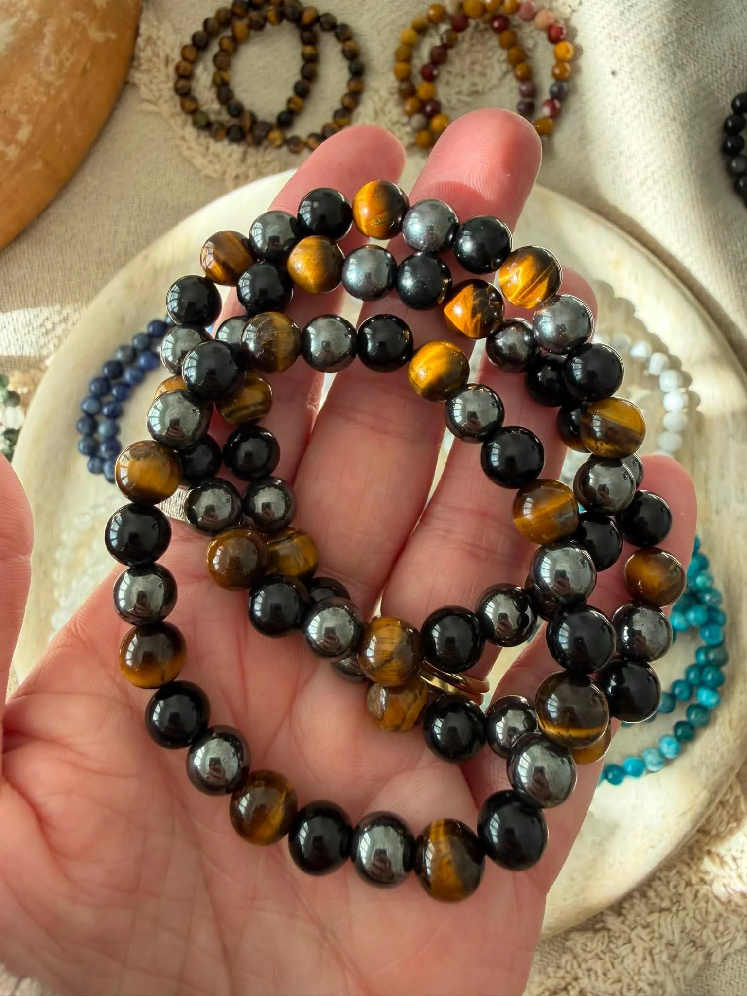 Tiger Eye, Hematite & Obsidian Mix Bracelets