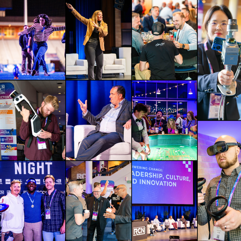 A collage of nine photos from a conference or tech event featuring speakers, attendees, and activities such as gaming, networking, and presentations