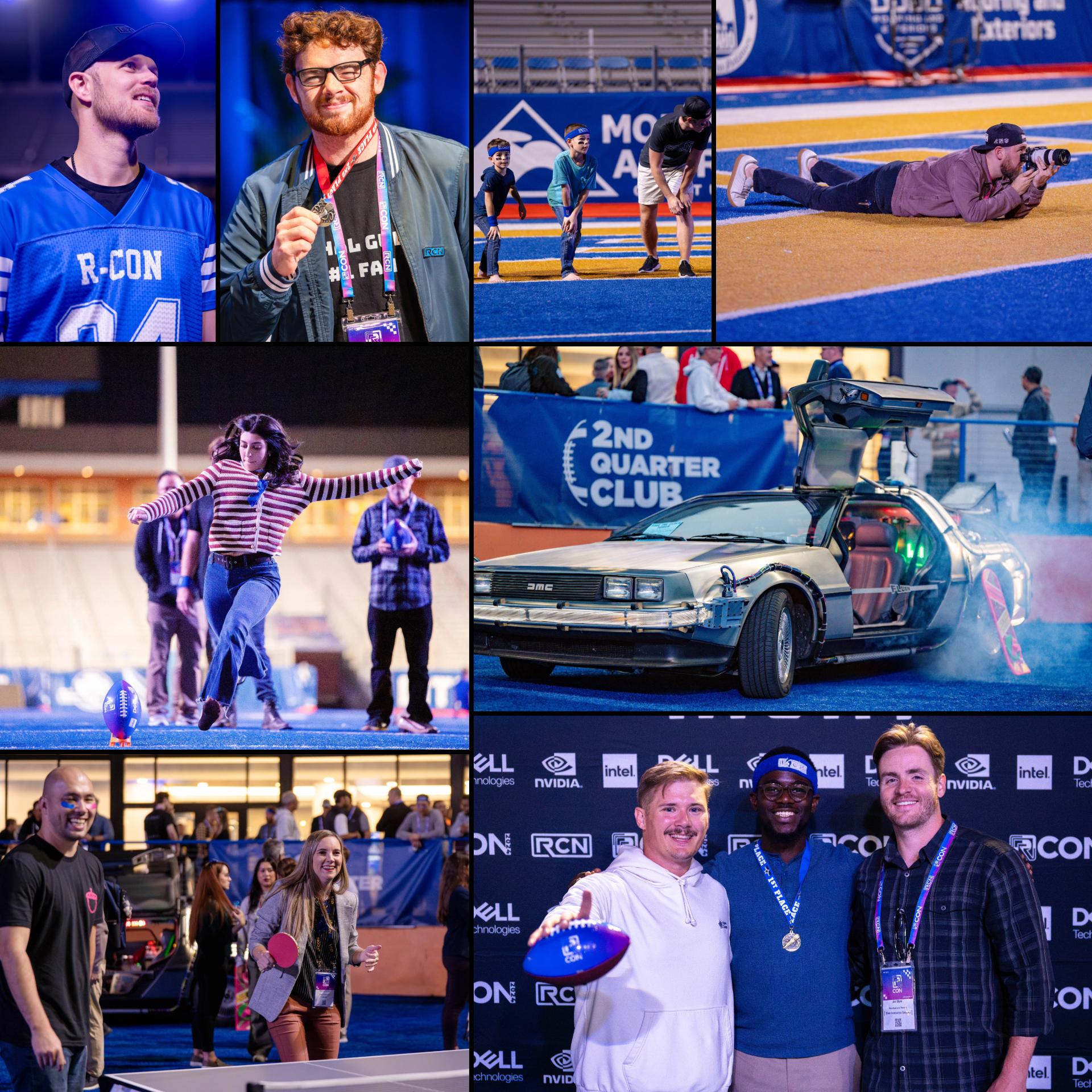 Group of people participating in or attending a technology and innovation event with various activities, displays, and automotive exhibits.