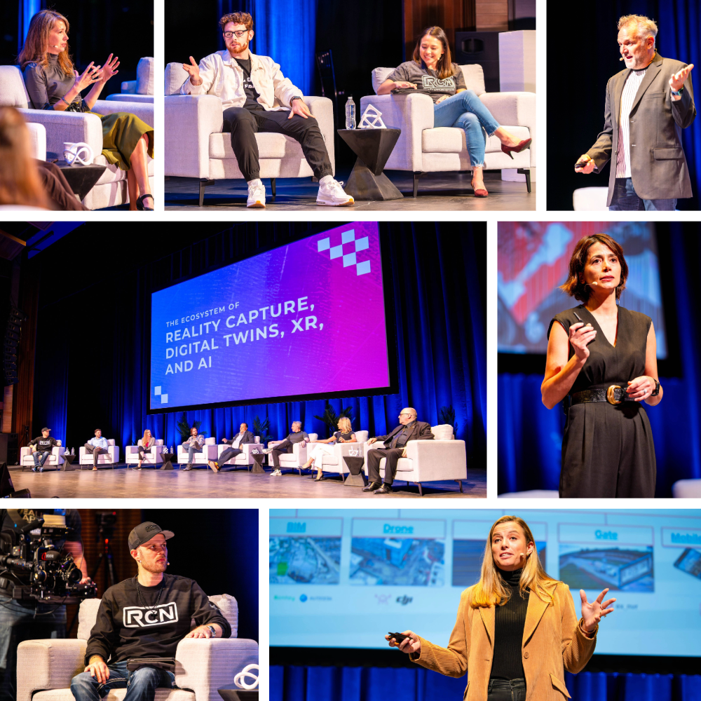 Group of speakers and panelists during a conference on technology and innovation, with a large screen displaying the theme "The Ecosystem of Reality Capture, Digital Twins, XR, and AI."
