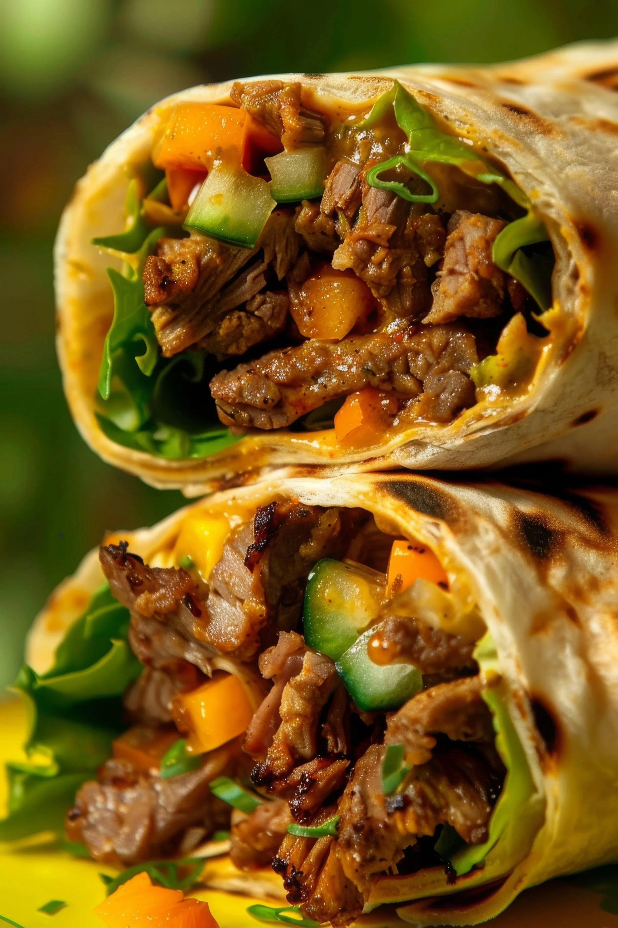 Close-up of an erupting burrito filled with beef, vegetables, and cheese, with a yellow background.