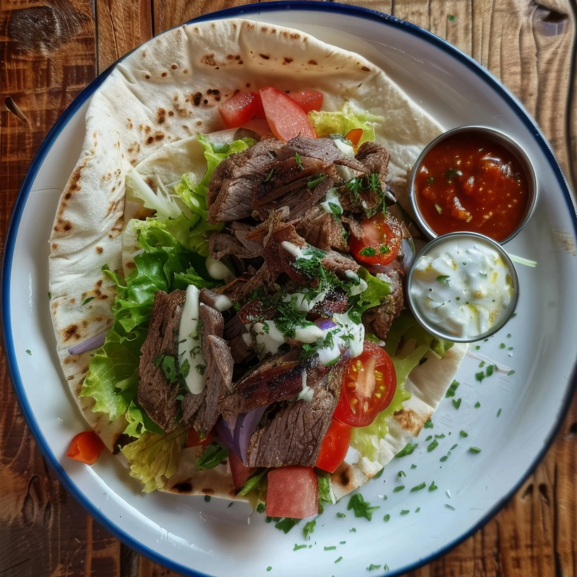 Plate of food with naan bread, tomatoes, lettuce, grilled meat, and three small side dishes containing sauce, yogurt, and chili sauce on a wooden table.