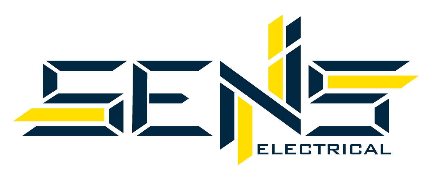 Logo of SENS Electrical with a digital clock style design in black, yellow, and dark blue colors.