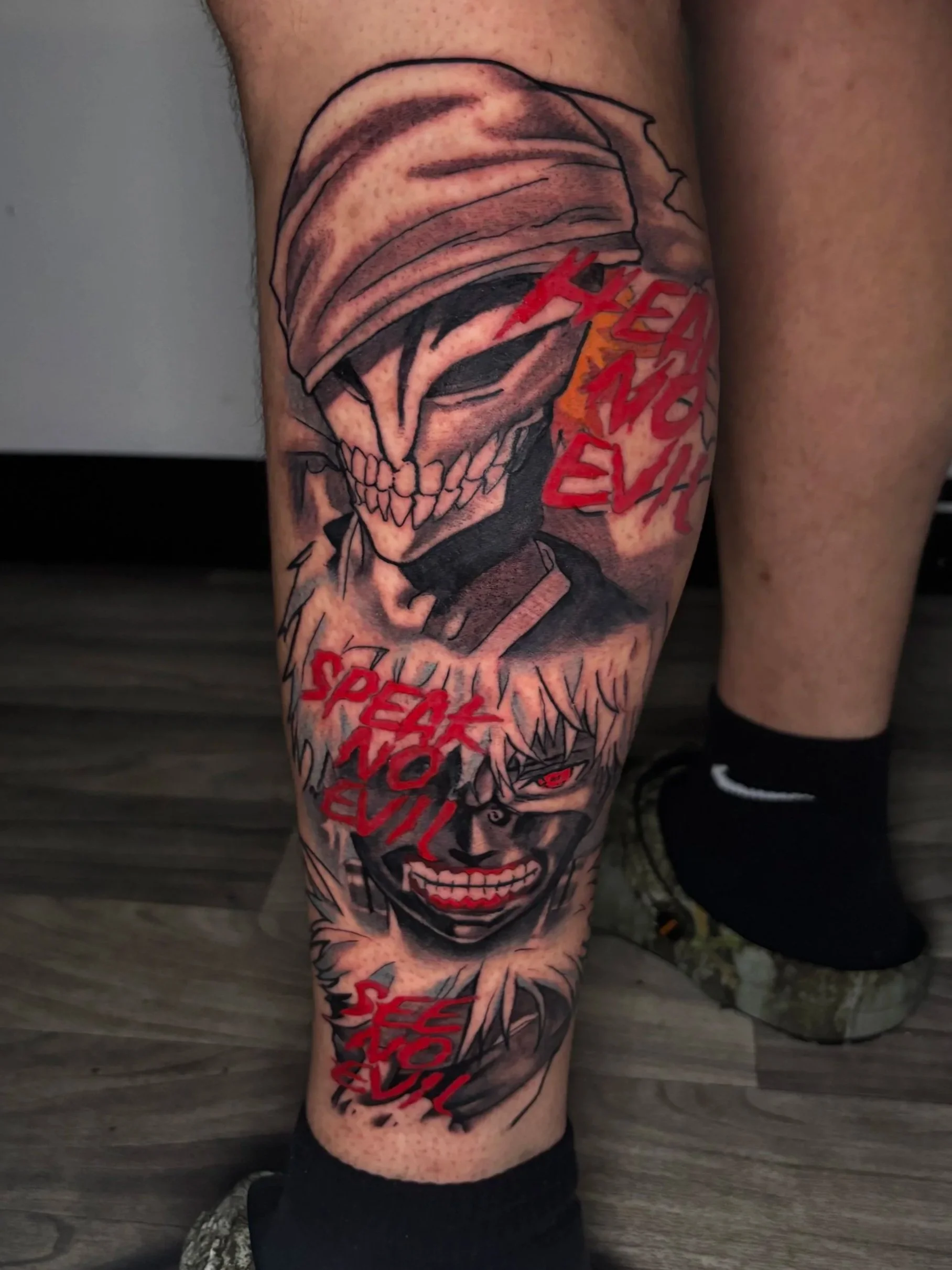 Ichigo, Bleach, Tokyo Ghoul, Ken Kaneki, Gojo. Hear, see, speak no evil. anime tattoo.