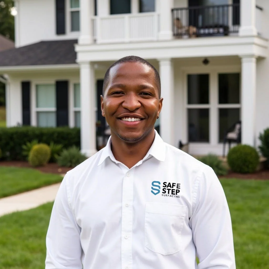 Smiling man wearing a white dress shirt with a logo that reads "Safe Step Surfacing," standing outside in front of a white house with a porch, green grass, and bushes.