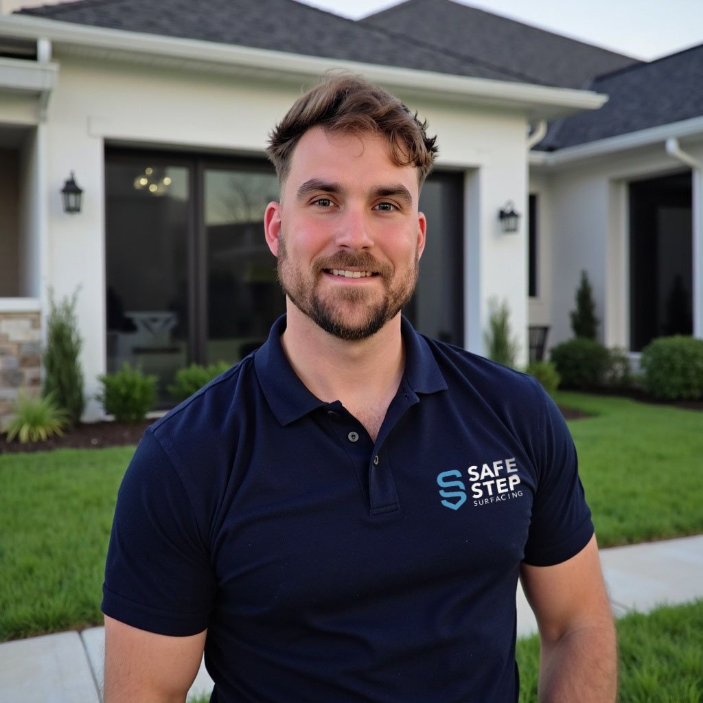 A young man with a beard and brown hair smiling in front of a white house with large windows and a well-kept lawn, wearing a navy blue polo shirt with 'Safe Step Surfacing' logo.