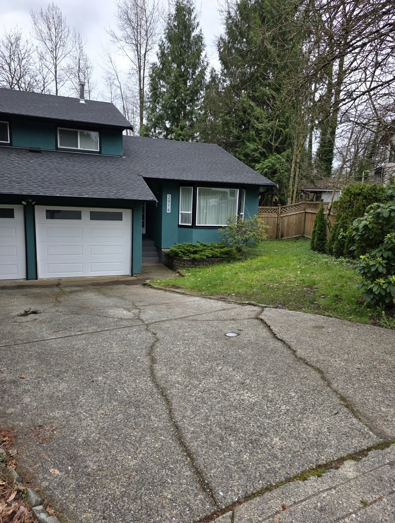 Front yard with cracked asphalt driveway, a teal house with white garage doors, a window with curtains, a small garden bed, a wooden fence, and trees in the background.