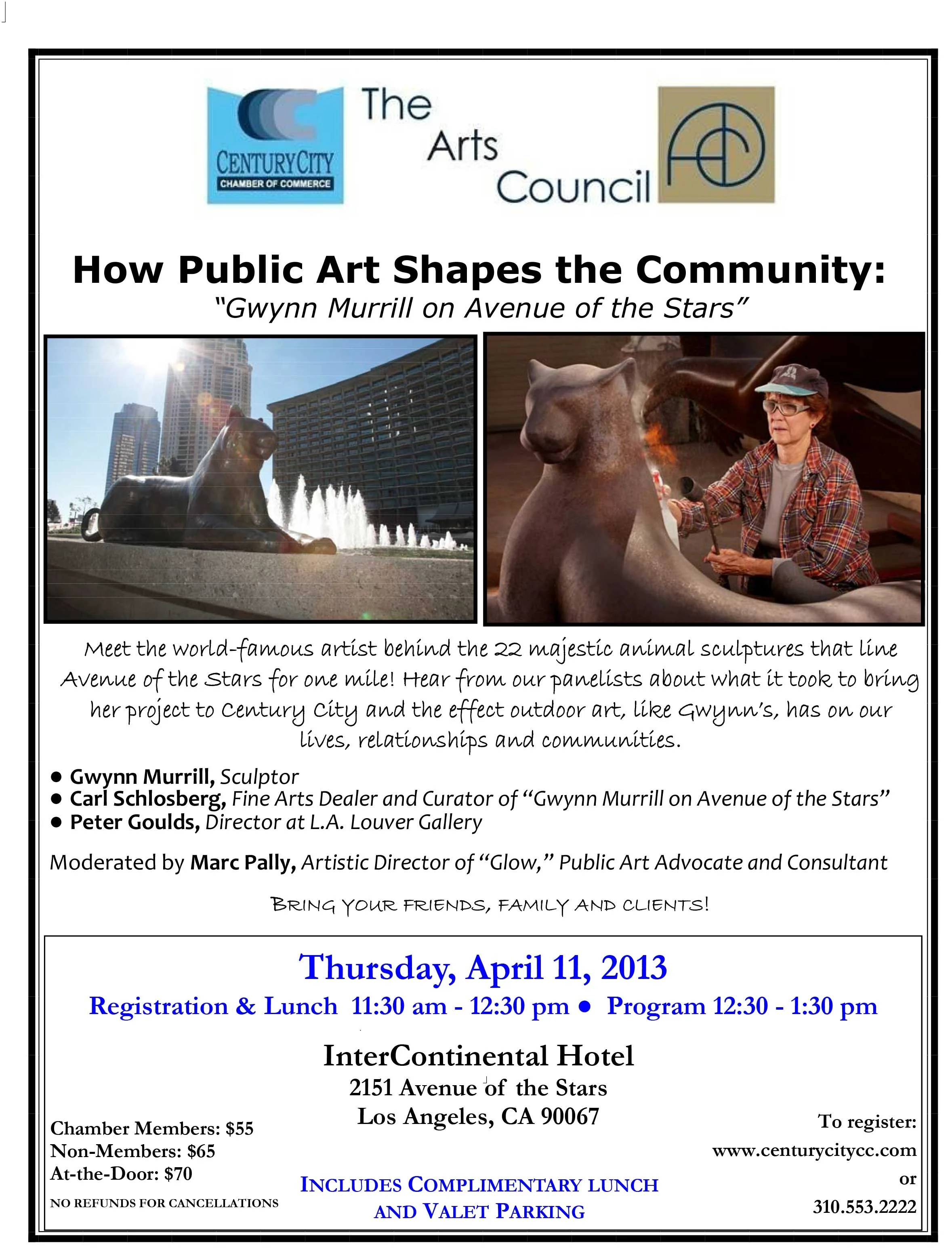 Poster for a public art event titled 'How Public Art Shapes the Community: Gwynn Murrill on Avenue of the Stars' featuring photos of a large animal sculpture in Los Angeles. The event details include date, time, location, speakers, and registration i
