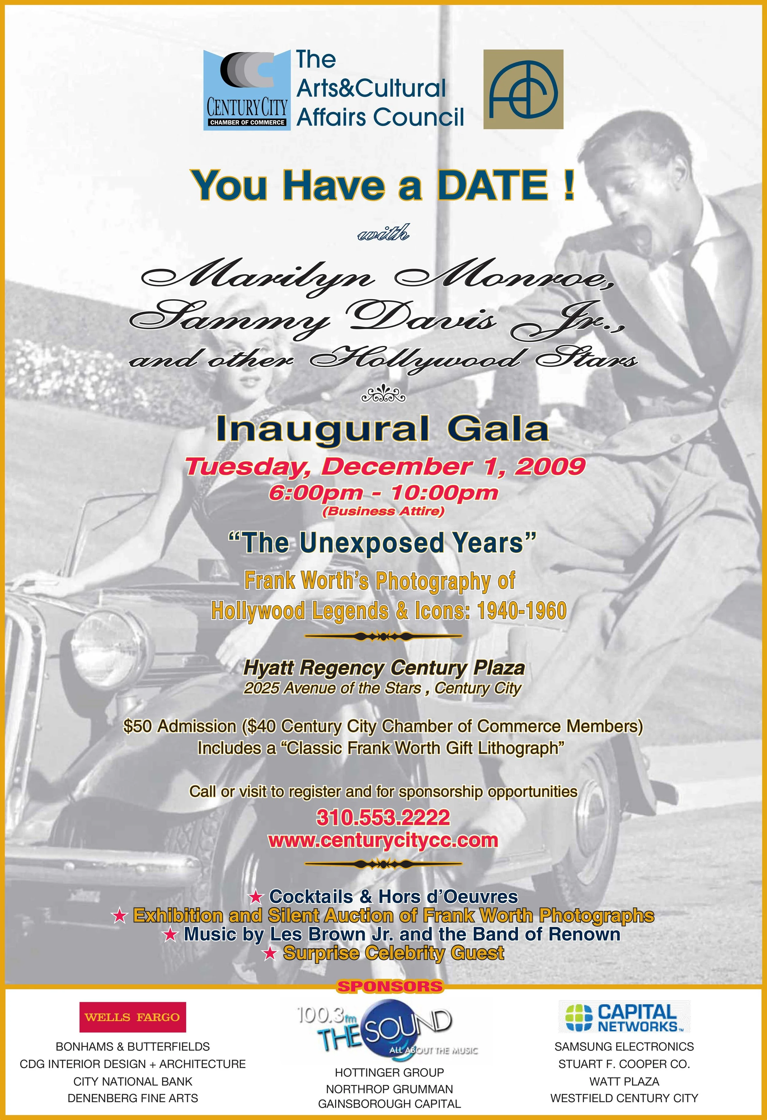 Event flyer for an inaugural gala hosted by the Arts & Cultural Affairs Council of Century City, featuring Marilyn Monroe, Sammy Davis Jr., and Hollywood stars. The event is scheduled for Tuesday, December 1, 2009, from 6:00 pm to 10:00 pm at Hyatt R
