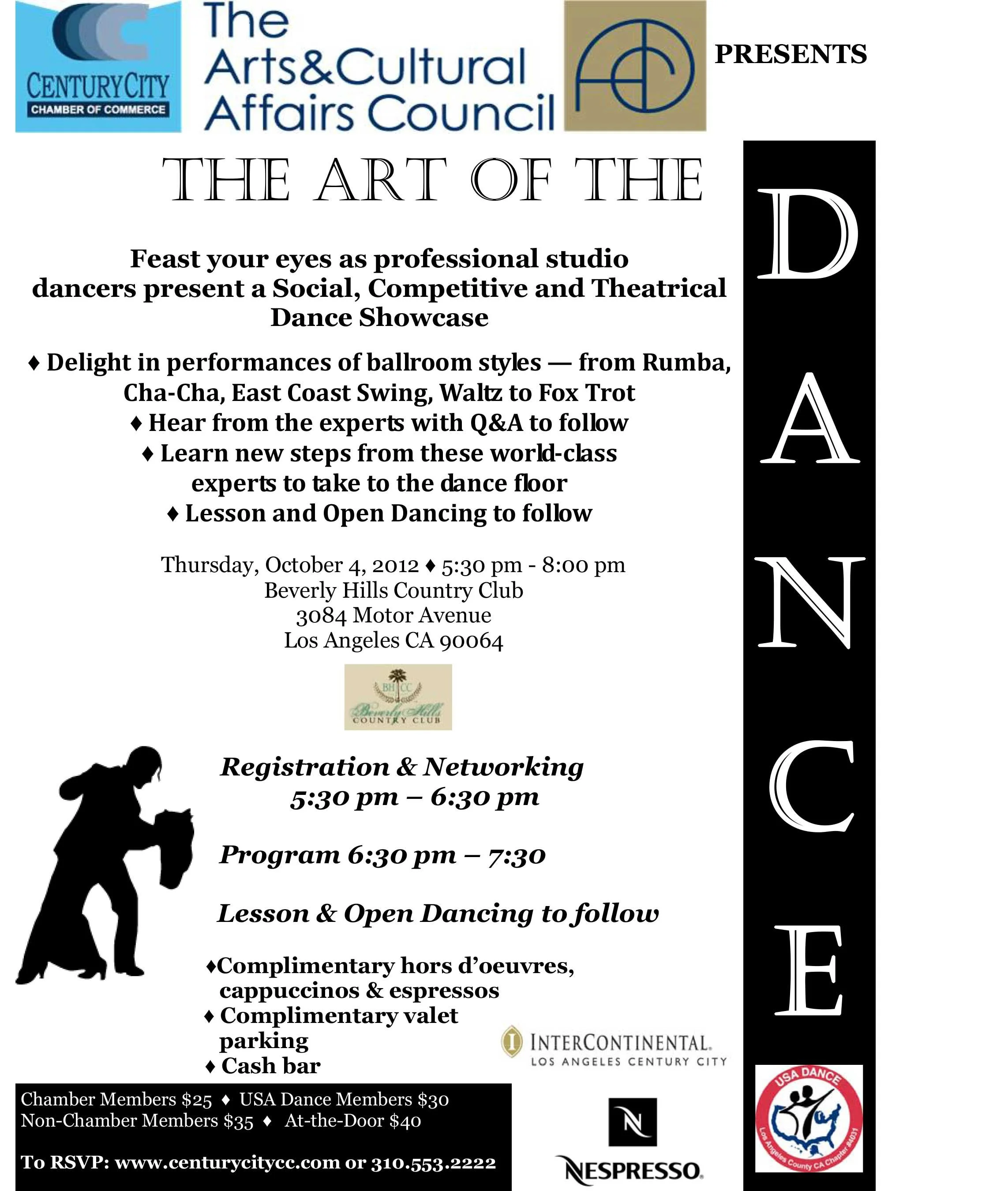 Event flyer for a dance showcase presented by The Arts & Cultural Affairs Council at the Beverly Hills Country Club. Features ballroom dance styles, expert Q&A, dance lessons, and open dancing. Includes date, time, location, registration details, and