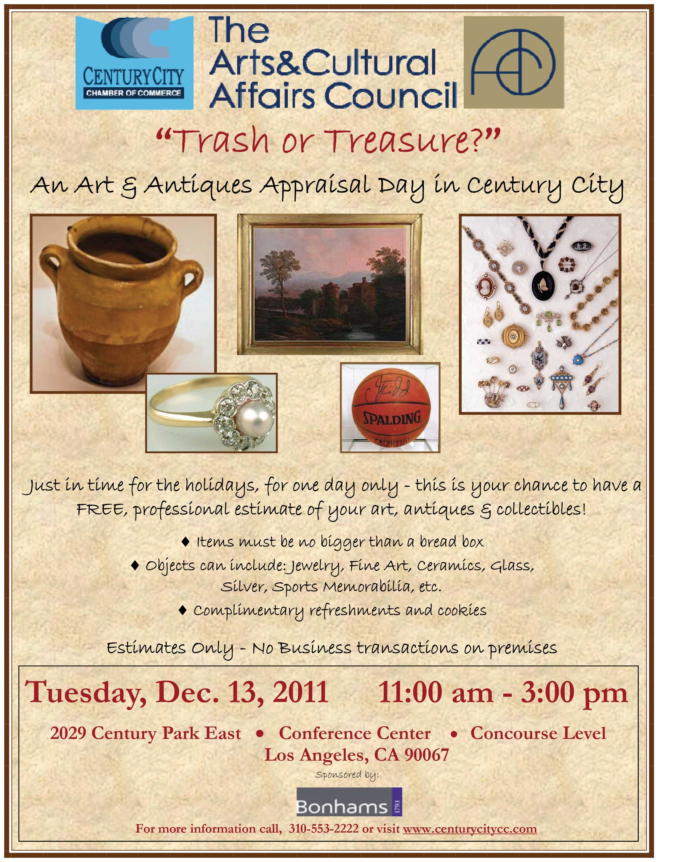 Flyer for an Art and Antiques Appraisal Day in Century City, Los Angeles, featuring images of a pottery jar, landscape painting, jewelry, a basketball, and various jewelry pieces, scheduled for December 13, 2011, from 11:00 am to 3:00 pm at the confe