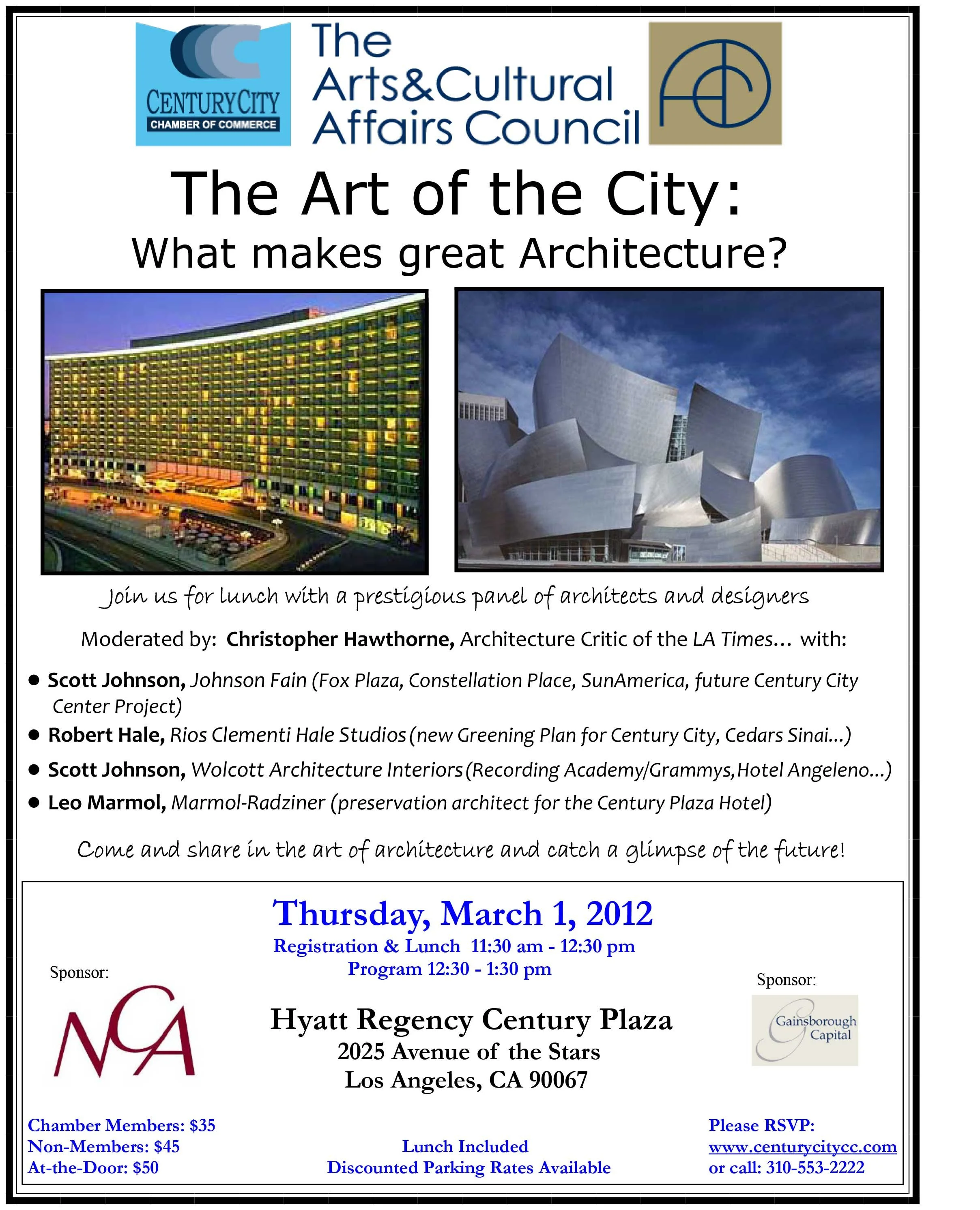 Flyer for an event called 'The Art of the City: What makes great Architecture?' featuring images of modern buildings. The event is scheduled for Thursday, March 1, 2012, at the Hyatt Regency Century Plaza in Los Angeles, California, and is moderated 