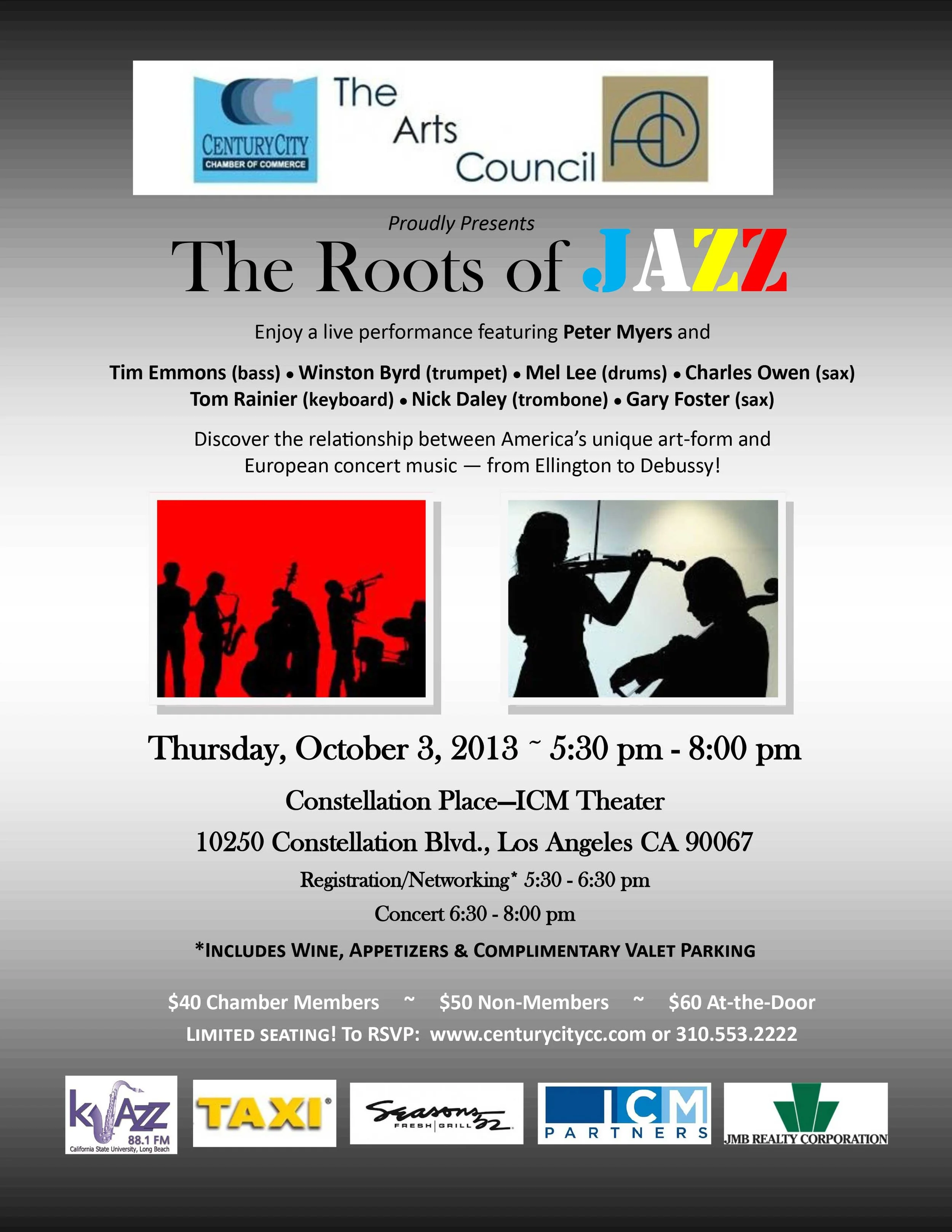 Flyer for a jazz concert titled 'The Roots of Jazz' presented by The Arts Council and Century City Chamber of Commerce. The event features performances by Peter Myers, Tim Emmons, Winston Byrd, Mel Lee, Charles Owen, Tom Rainier, Nick Daley, Gary Fos