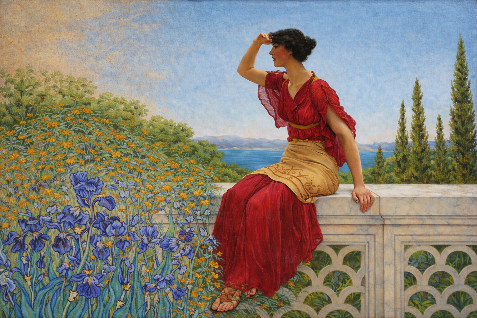 Woman on marble balustrade with irises.png
