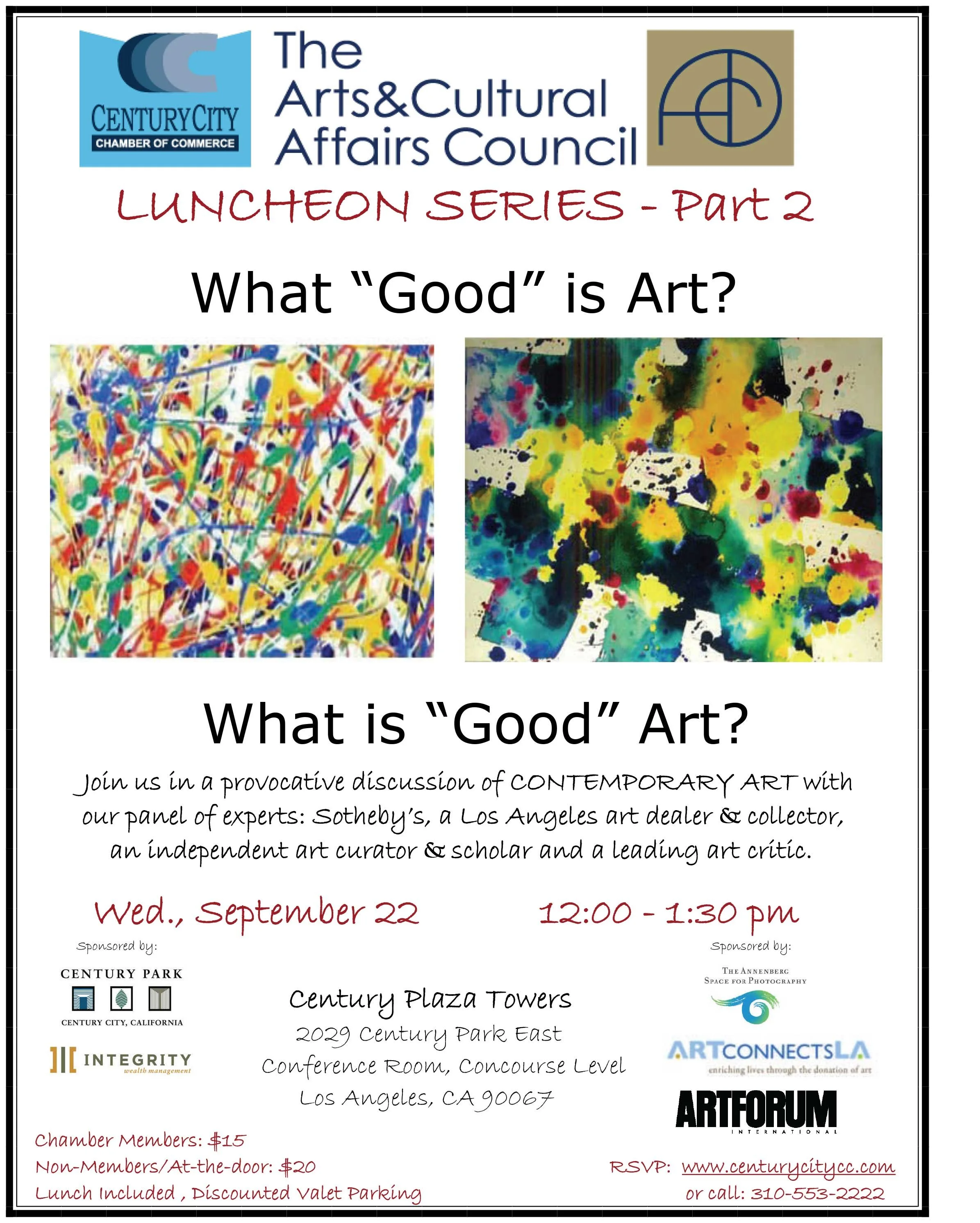 Flyer for a discussion event titled 'What Good is Art?' and 'What is Good Art?' featuring abstract colorful paintings, scheduled for September 22 from 12:00 to 1:30 pm at Century Plaza Towers in Los Angeles, California.