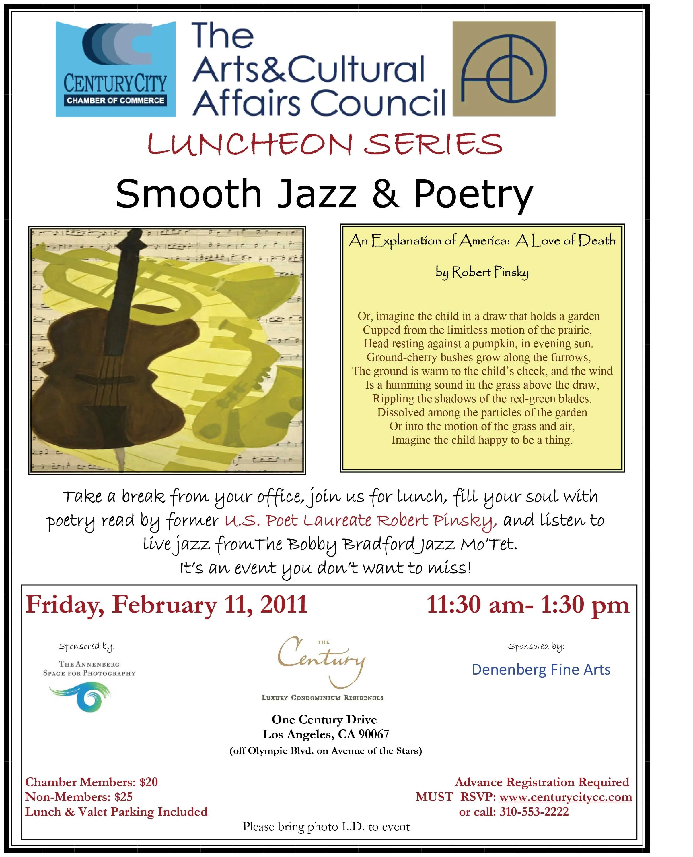 Flyer for a luncheon event titled 'Smooth Jazz & Poetry' organized by The Arts & Cultural Affairs Council, featuring a poetry reading by Robert Pinsky and live jazz music, scheduled for February 11, 2011, from 11:30 am to 1:30 pm at The Century in Lo