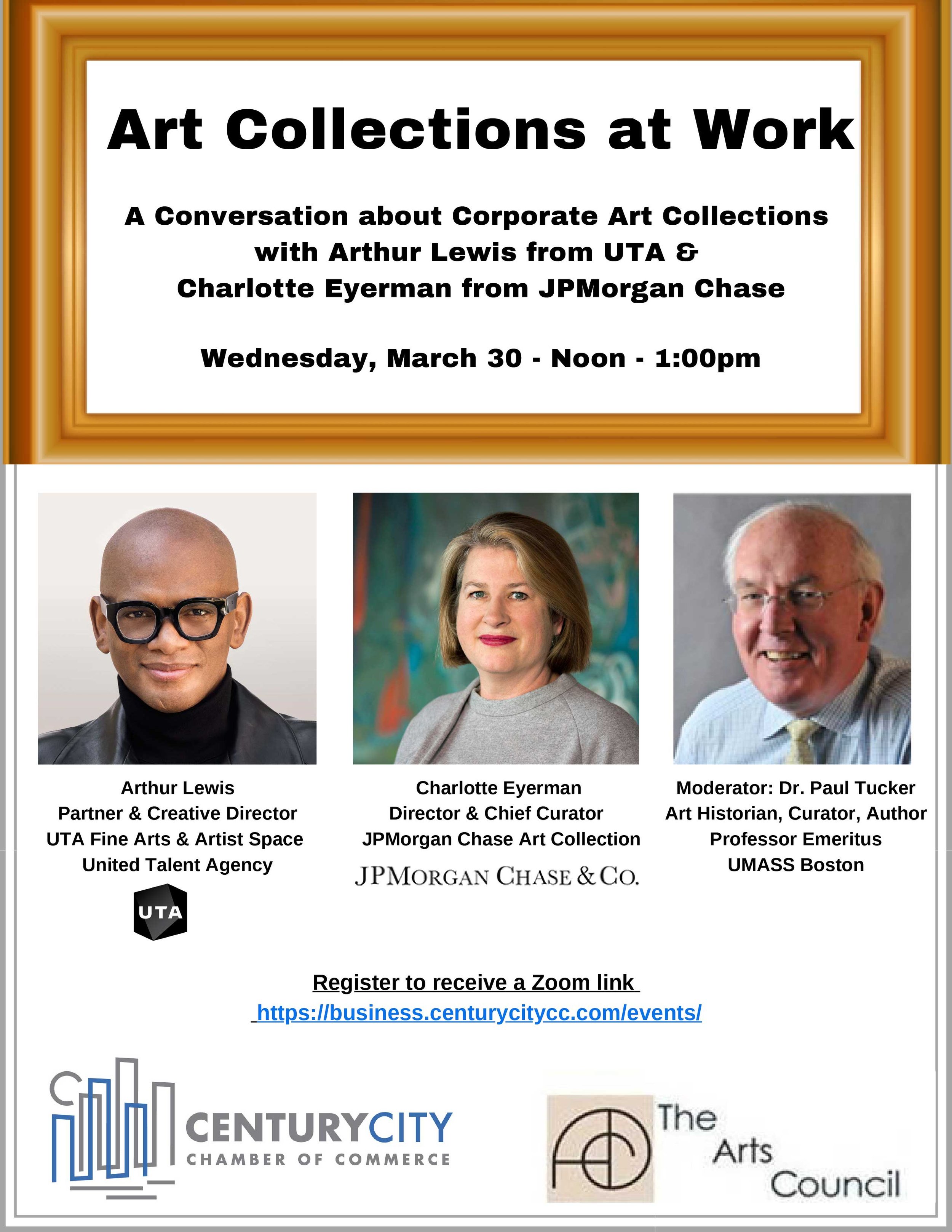 Event flyer for 'Art Collections at Work' featuring speakers Arthur Lewis, Charlotte Eyerman, and moderator Dr. Paul Tucker, scheduled for March 30 from noon to 1 pm, with logos of Century City Chamber of Commerce and The Arts Council.