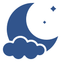 A dark blue crescent moon with a small star and a diamond-shaped star against a black background.