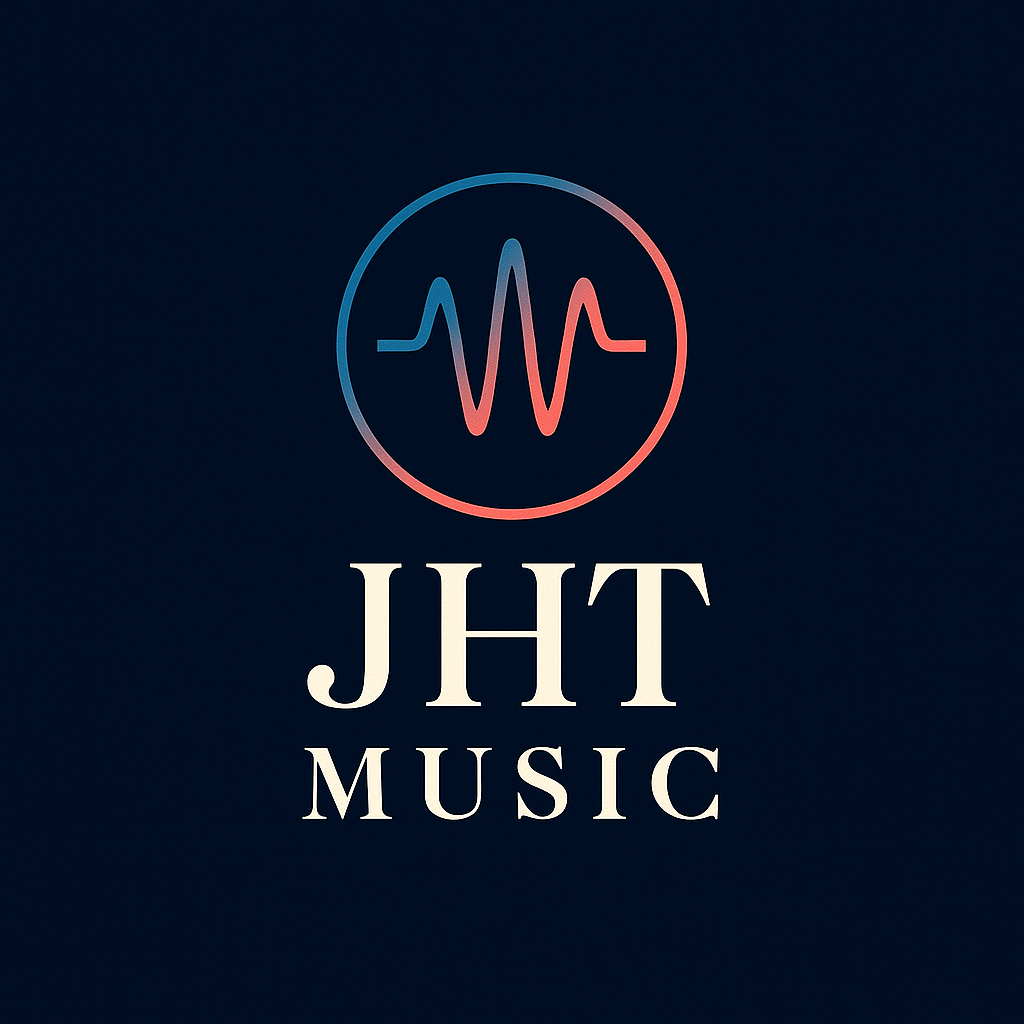 Logo for JHT Music with a circular sound wave icon in gradient colors and the text "JHT MUSIC" below it on a dark background.