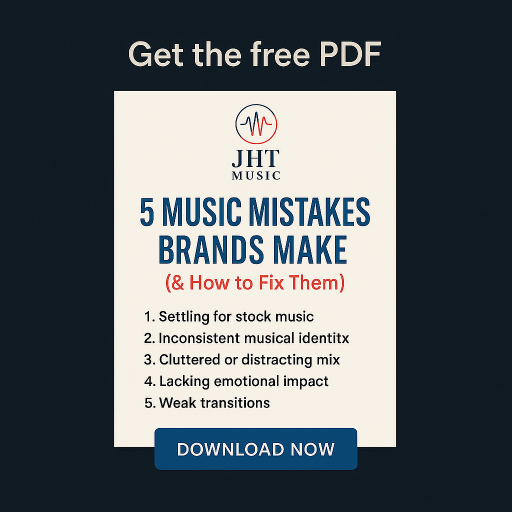 An advertisement offering a free PDF titled '5 Music Mistakes Brands Make (& How to Fix Them)' by JHT Music. It lists five common mistakes in music branding and has a blue 'Download Now' button at the bottom.