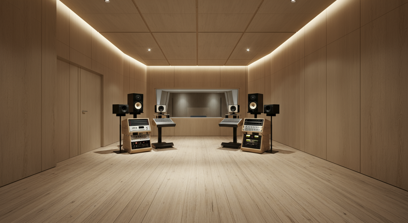 Empty recording studio with wooden walls and ceiling, several speaker monitors, audio mixing consoles on stands, and a window in the background.