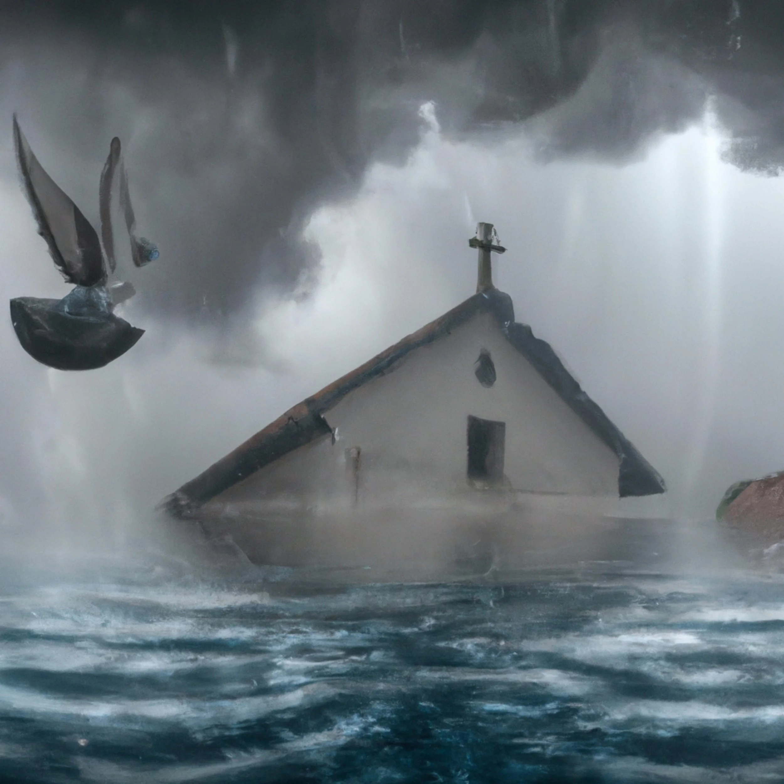 A room flooded with water up to the ceiling, causing damage to furniture and objects submerged under the water.