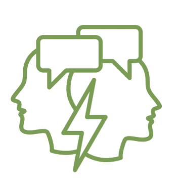 Outline of two human heads facing opposite directions with speech bubbles and a lightning bolt between them.