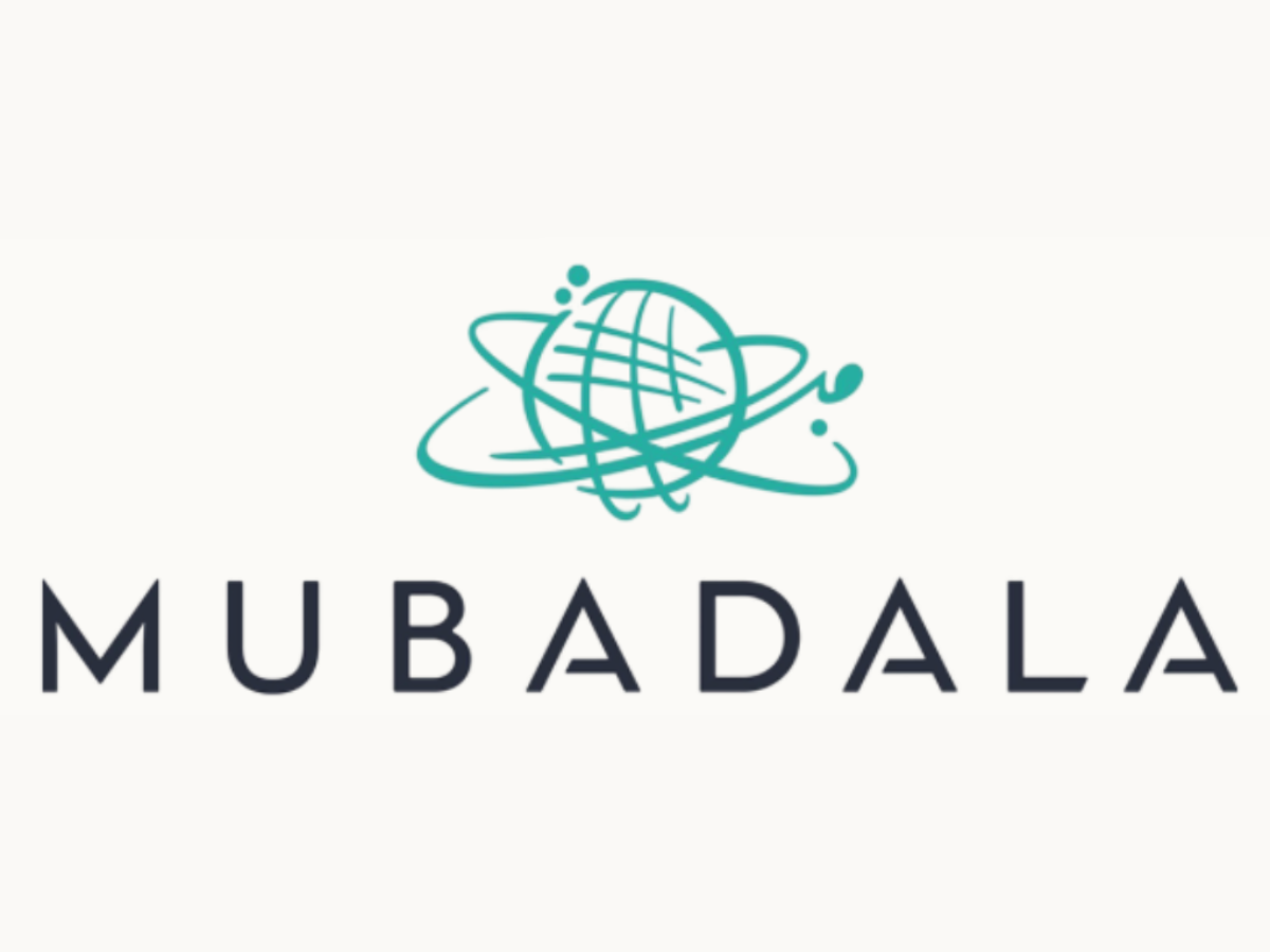 Logo with a globe and orbit lines above the word 'MUBADALA' in bold black letters.