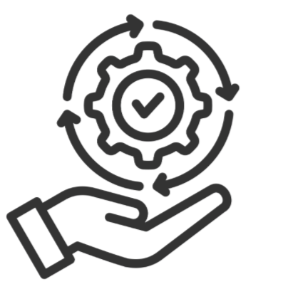 An outline illustration of a hand holding a gear with a check mark inside, surrounded by circular arrows, representing optimization or process management.