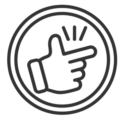 Black and white icon of a hand pointing to the right, enclosed in a circle.