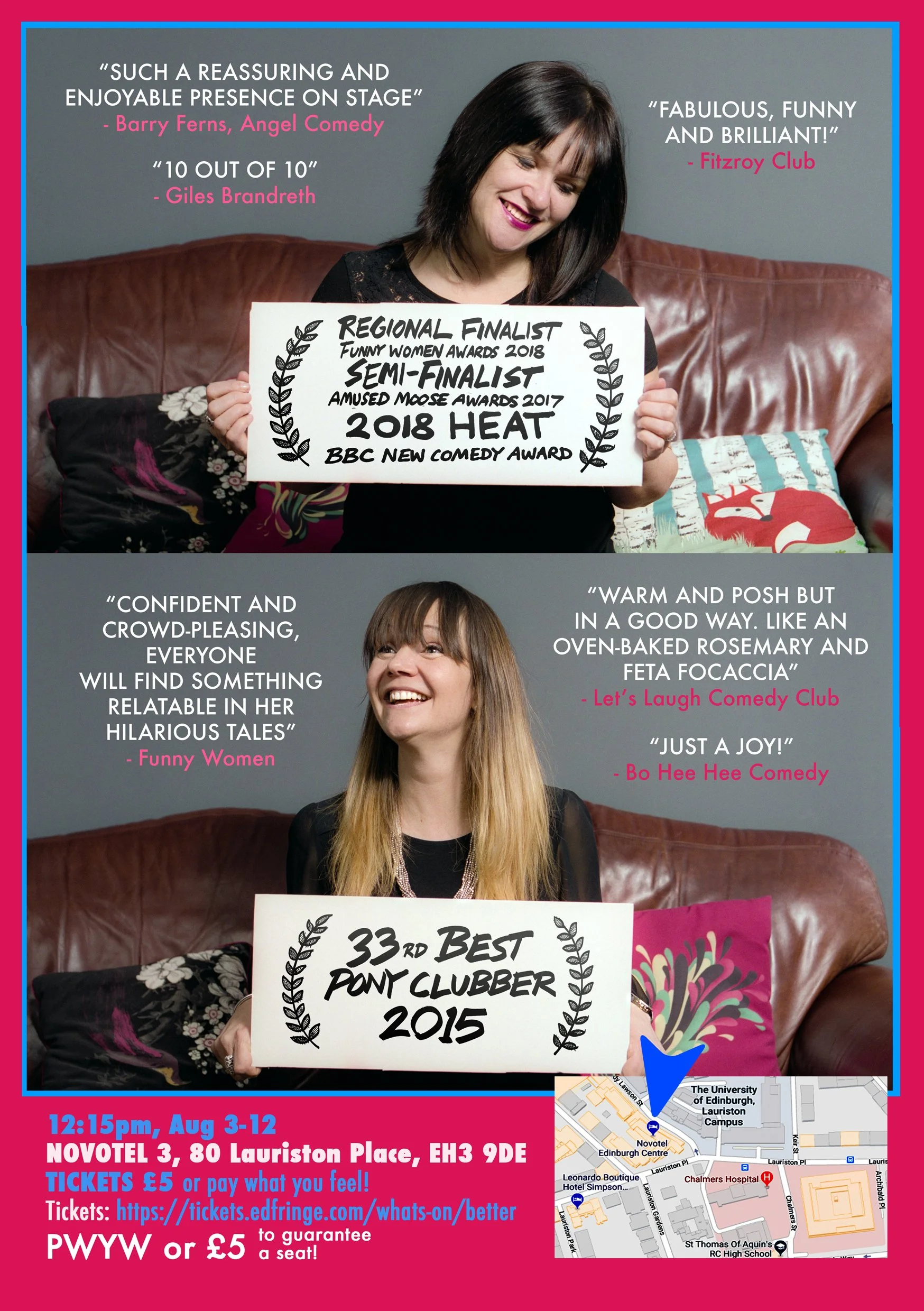 Promotional poster featuring two women holding award signs. Top woman is a comedy awards finalist, bottom woman holds a "33rd Best Pony Clubber 2015" sign. Includes quotes praising the performances, event details for a comedy show at Novotel 3, Edinb
