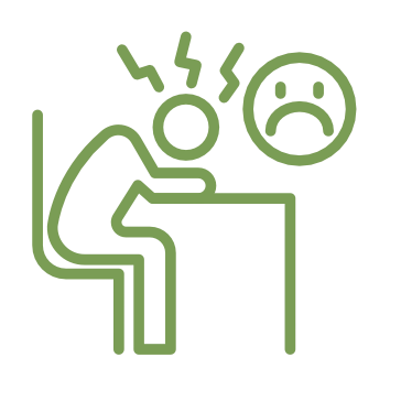 A person sitting at a desk with a distressed expression, indicated by stress lines above their head and a sad face icon.