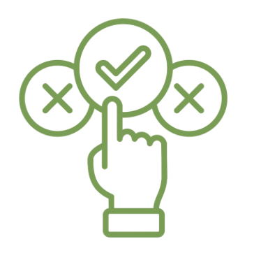 A green icon of a hand pointing to a checkmark inside a circle, with two crosses on either side of the circle.