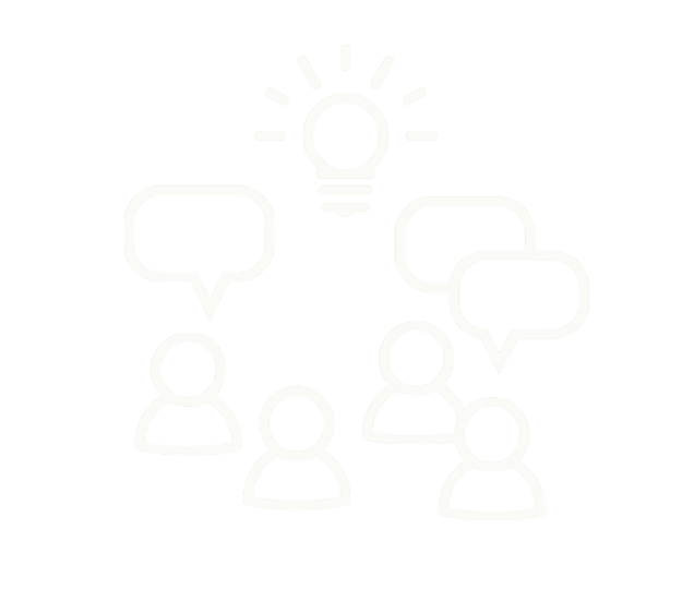 Icon of five people with speech bubbles above two of them and a light bulb above all, representing ideas and communication.