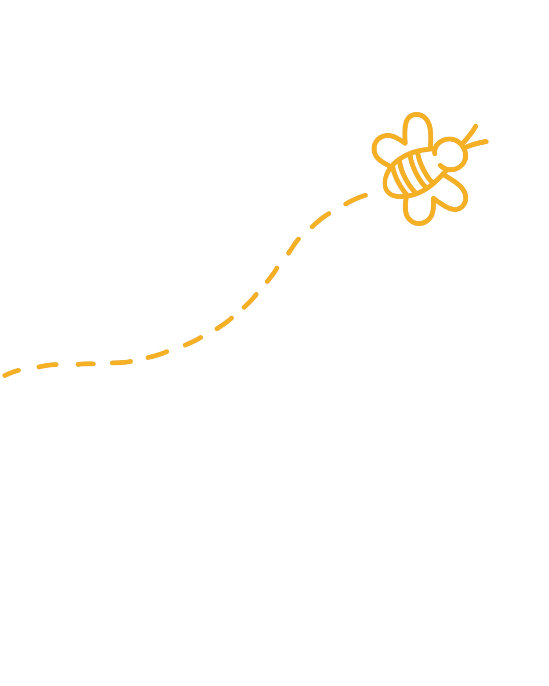 Simple illustration of a bee flying along a dotted flight path.