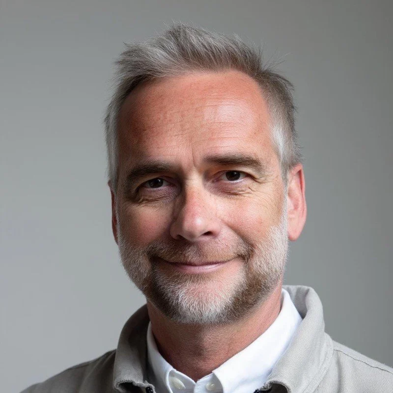 A middle-aged man with gray hair, a beard, and a friendly smile, dressed in a casual shirt and jacket, against a neutral background.