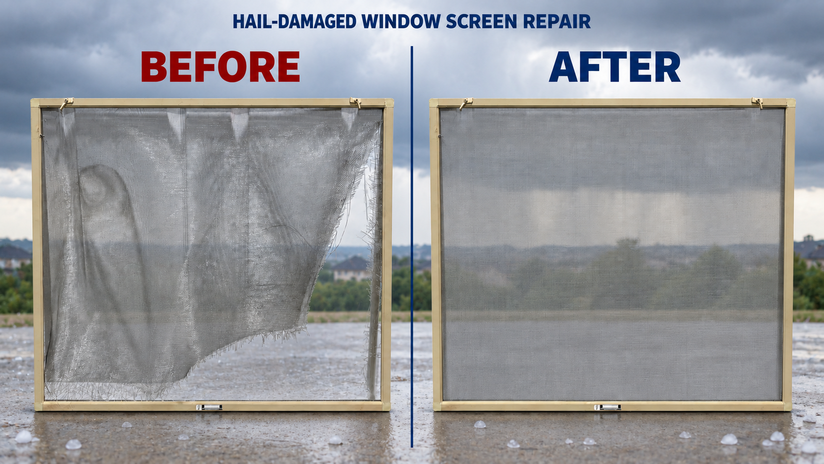 Comparison of a hail-damaged window screen on the left, with a repaired window screen on the right, outdoors with cloudy sky.